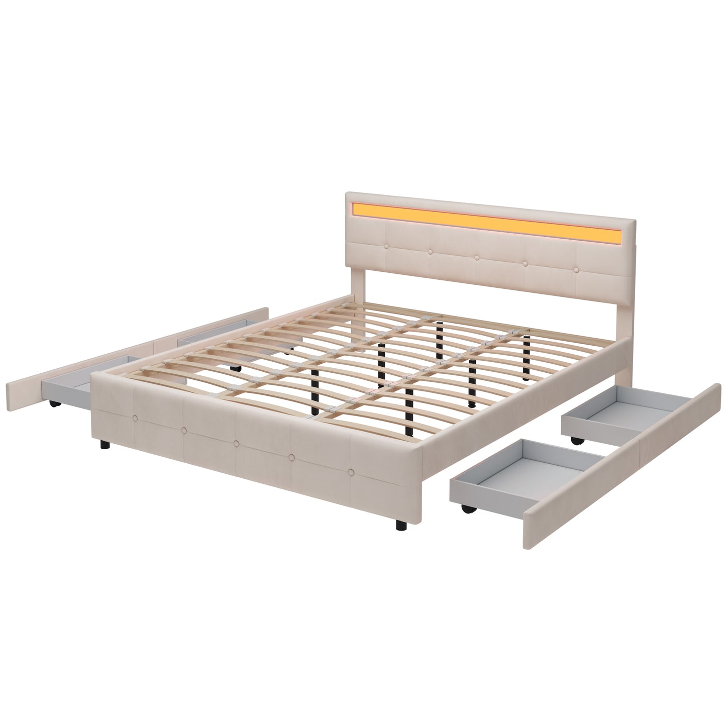 Polsterbett 180 x 200 cm, Doppelbett LED-Bettgestell mit 4 Schubladen , Lattenrost und Rückenlehne, Hautfreundliches Doppelbett aus Samtstoff für Erwachsene und Jugendliche, Beige