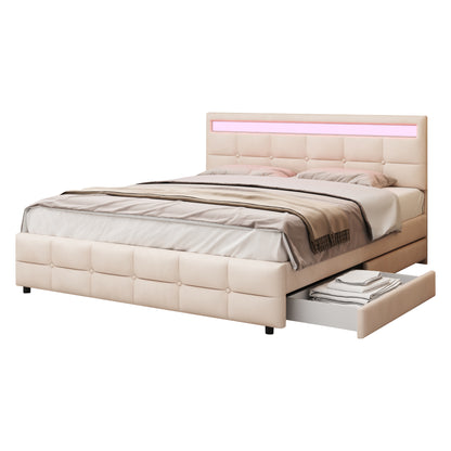 Polsterbett 180 x 200 cm, Doppelbett LED-Bettgestell mit 4 Schubladen , Lattenrost und Rückenlehne, Hautfreundliches Doppelbett aus Samtstoff für Erwachsene und Jugendliche, Beige