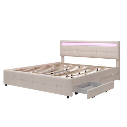 Polsterbett 180 x 200 cm, Doppelbett LED-Bettgestell mit 4 Schubladen , Lattenrost und Rückenlehne, Hautfreundliches Doppelbett aus Samtstoff für Erwachsene und Jugendliche, Beige