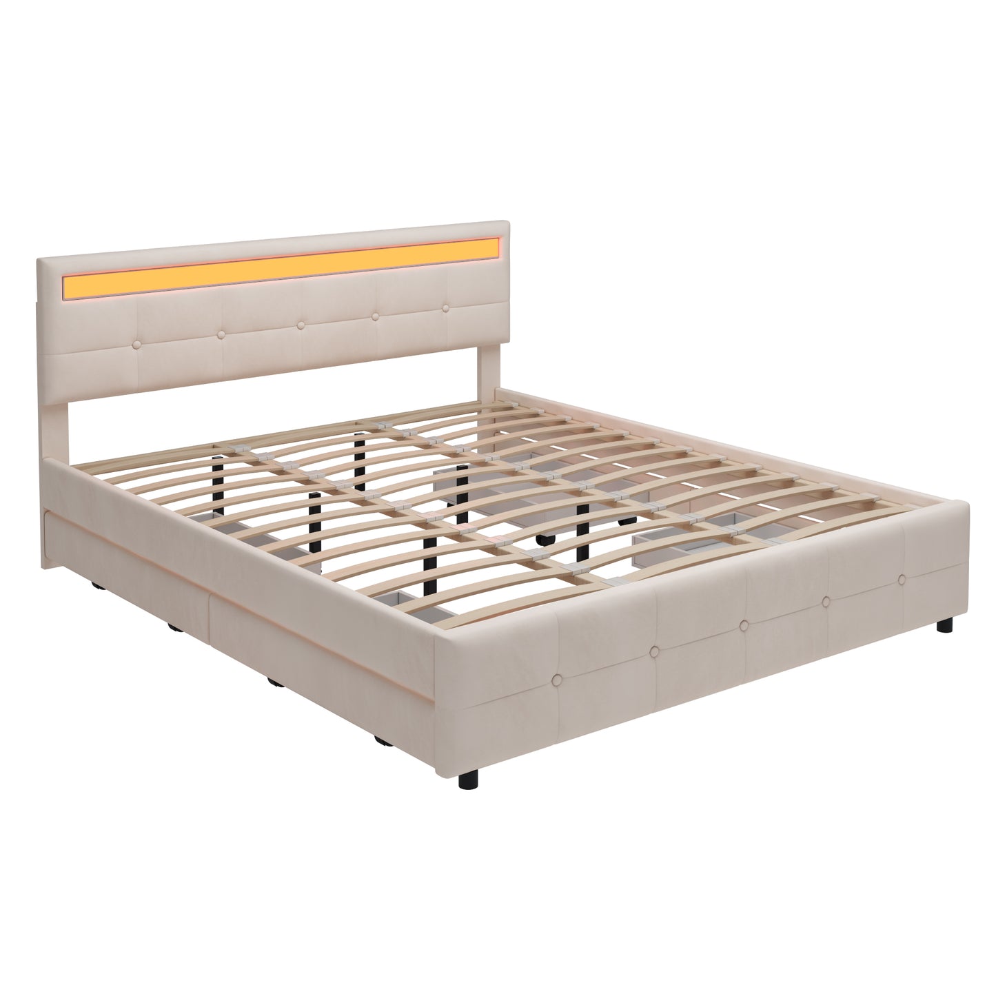 Polsterbett 180 x 200 cm, Doppelbett LED-Bettgestell mit 4 Schubladen , Lattenrost und Rückenlehne, Hautfreundliches Doppelbett aus Samtstoff für Erwachsene und Jugendliche, Beige