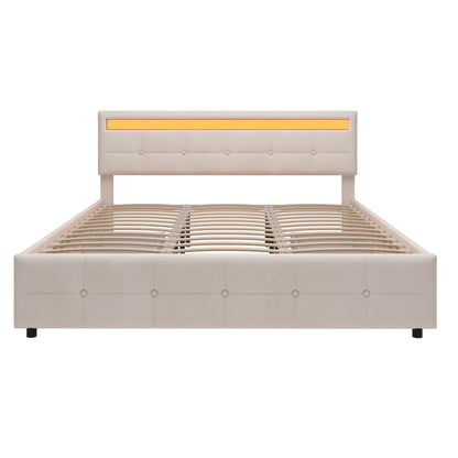 Polsterbett 180 x 200 cm, Doppelbett LED-Bettgestell mit 4 Schubladen , Lattenrost und Rückenlehne, Hautfreundliches Doppelbett aus Samtstoff für Erwachsene und Jugendliche, Beige