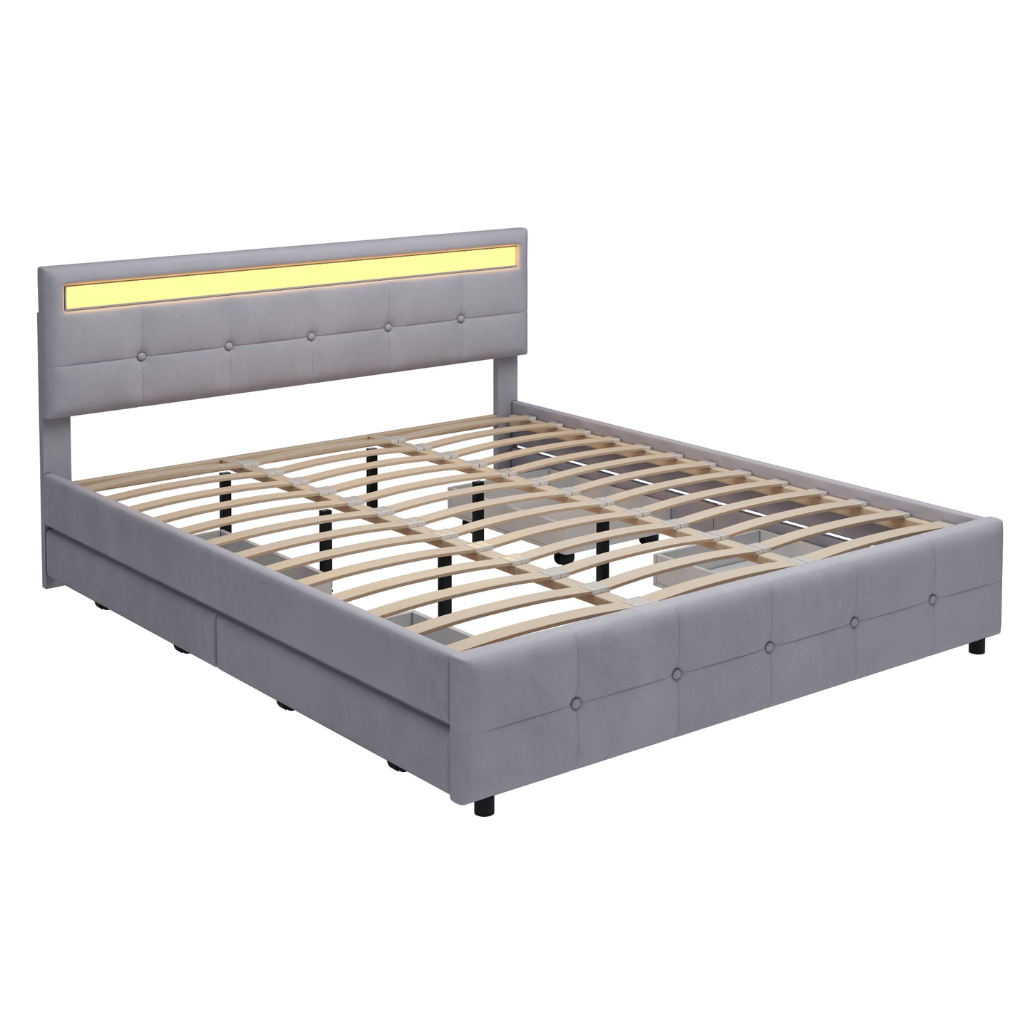 Polsterbett 180 x 200 cm, Doppelbett LED-Bettgestell mit 4 Schubladen , Lattenrost und Rückenlehne, Hautfreundliches Doppelbett aus Samtstoff für Erwachsene und Jugendliche, Beige