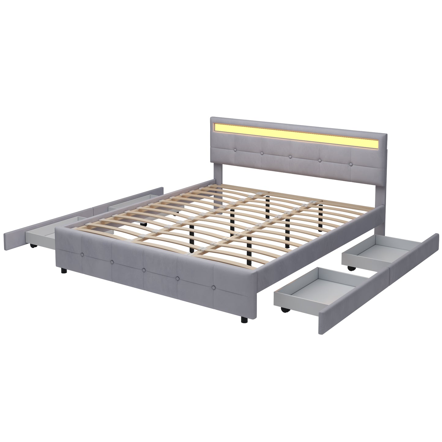 Polsterbett 180 x 200 cm, Doppelbett LED-Bettgestell mit 4 Schubladen , Lattenrost und Rückenlehne, Hautfreundliches Doppelbett aus Samtstoff für Erwachsene und Jugendliche, Beige