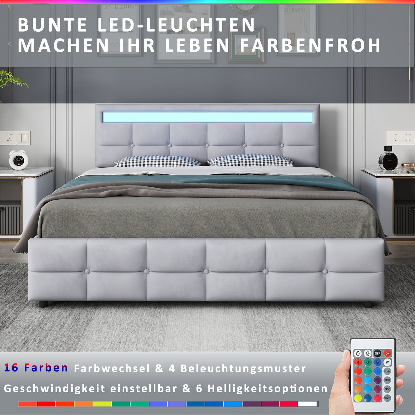 Polsterbett 180 x 200 cm, Doppelbett LED-Bettgestell mit 4 Schubladen , Lattenrost und Rückenlehne, Hautfreundliches Doppelbett aus Samtstoff für Erwachsene und Jugendliche, Beige