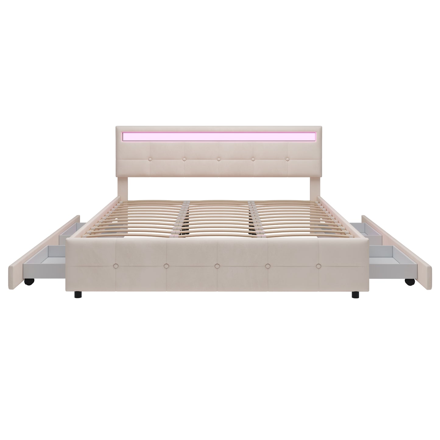 Polsterbett 180 x 200 cm, Doppelbett LED-Bettgestell mit 4 Schubladen , Lattenrost und Rückenlehne, Hautfreundliches Doppelbett aus Samtstoff für Erwachsene und Jugendliche, Beige