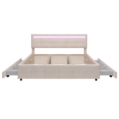 Polsterbett 180 x 200 cm, Doppelbett LED-Bettgestell mit 4 Schubladen , Lattenrost und Rückenlehne, Hautfreundliches Doppelbett aus Samtstoff für Erwachsene und Jugendliche, Beige