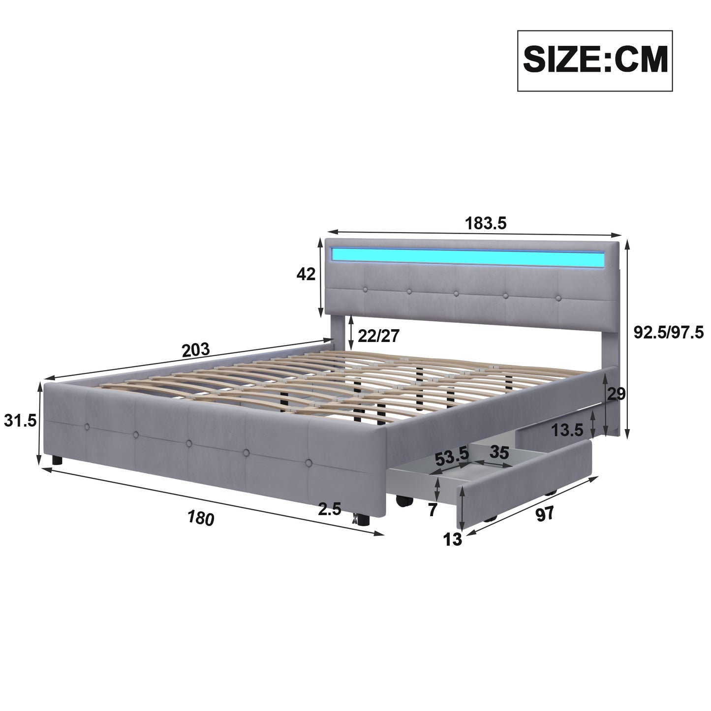 Polsterbett 180 x 200 cm, Doppelbett LED-Bettgestell mit 4 Schubladen , Lattenrost und Rückenlehne, Hautfreundliches Doppelbett aus Samtstoff für Erwachsene und Jugendliche, Beige