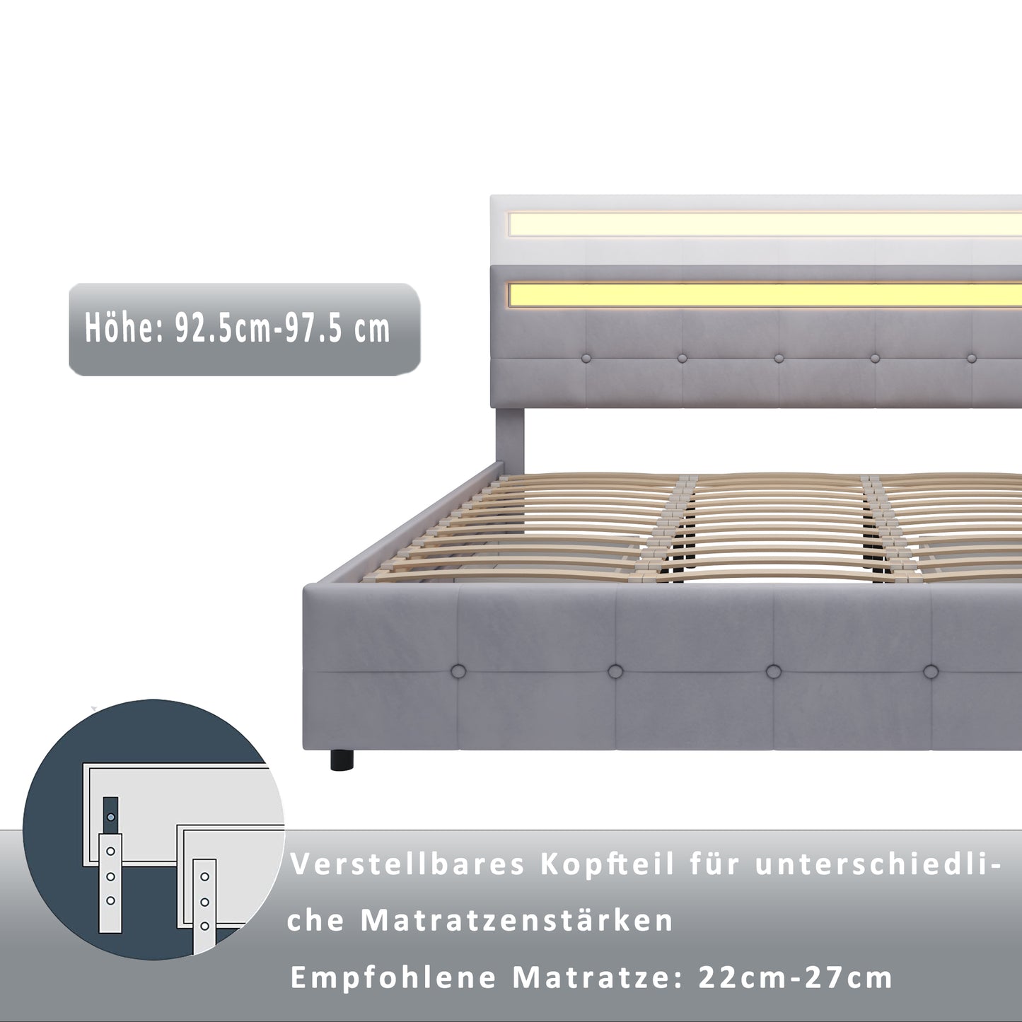 Polsterbett 180 x 200 cm, Doppelbett LED-Bettgestell mit 4 Schubladen , Lattenrost und Rückenlehne, Hautfreundliches Doppelbett aus Samtstoff für Erwachsene und Jugendliche, Beige