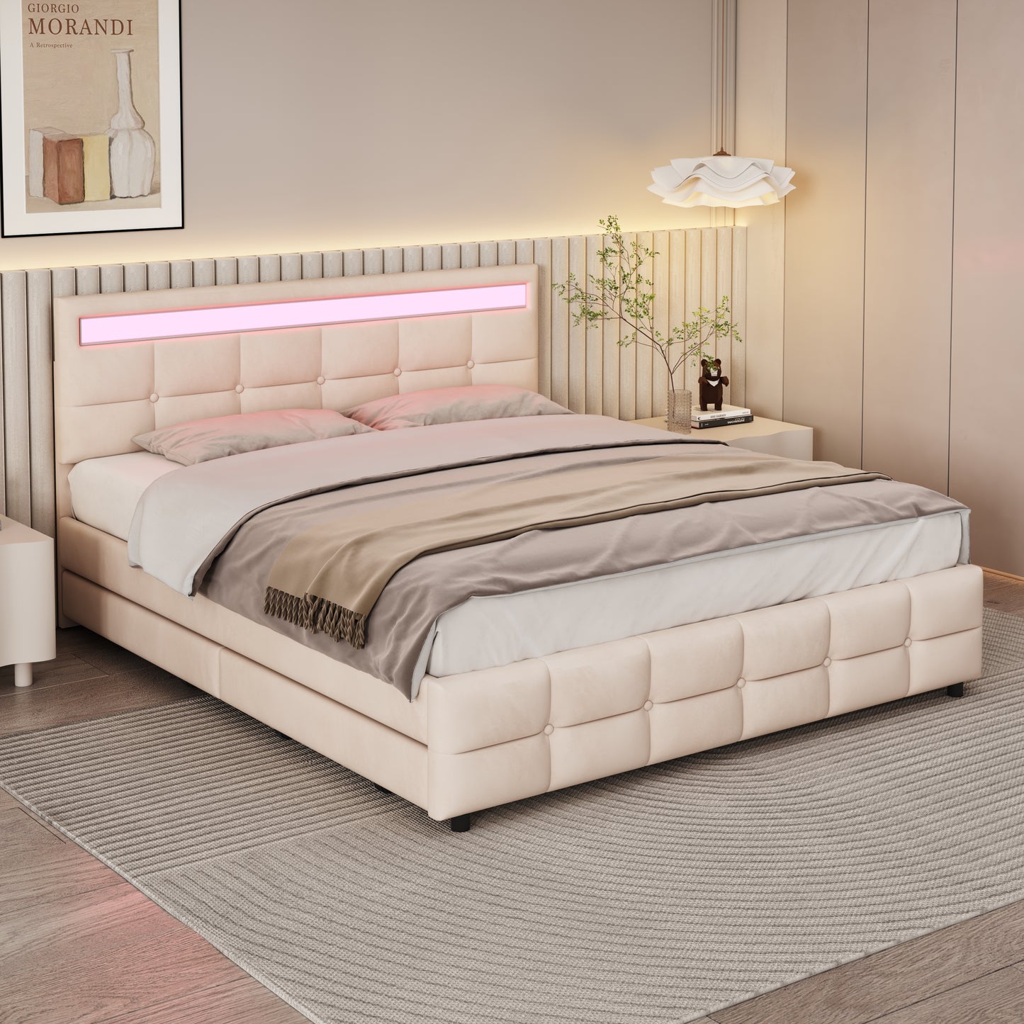 Polsterbett 180 x 200 cm, Doppelbett LED-Bettgestell mit 4 Schubladen , Lattenrost und Rückenlehne, Hautfreundliches Doppelbett aus Samtstoff für Erwachsene und Jugendliche, Beige