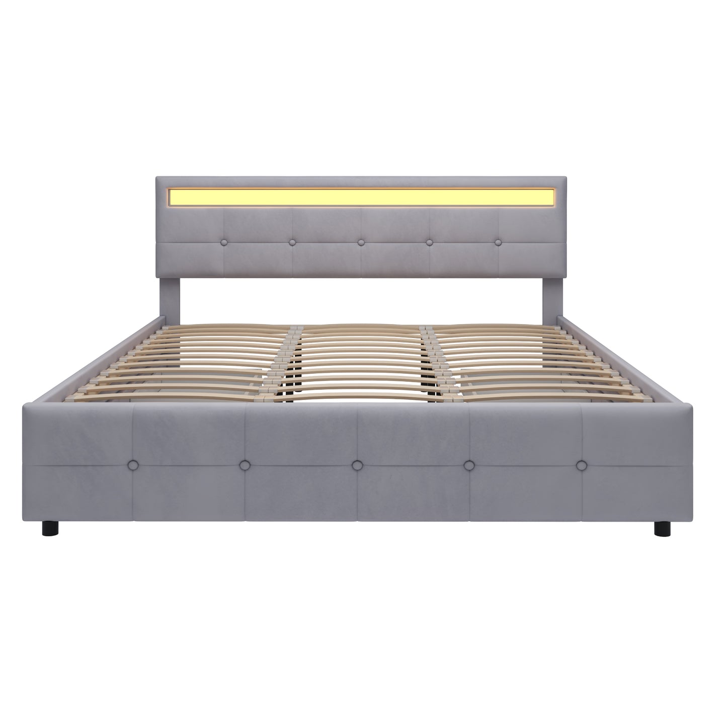 Polsterbett 180 x 200 cm, Doppelbett LED-Bettgestell mit 4 Schubladen , Lattenrost und Rückenlehne, Hautfreundliches Doppelbett aus Samtstoff für Erwachsene und Jugendliche, Beige