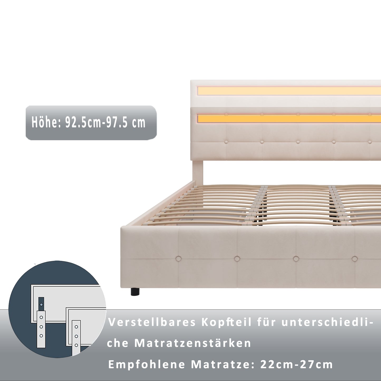 Polsterbett 180 x 200 cm, Doppelbett LED-Bettgestell mit 4 Schubladen , Lattenrost und Rückenlehne, Hautfreundliches Doppelbett aus Samtstoff für Erwachsene und Jugendliche, Beige