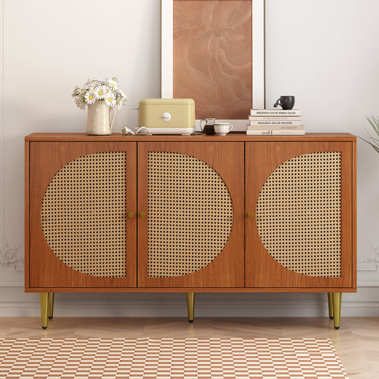 Sideboard mit 3 Rattan verzierten Türen Kommode Highboard mit Metallgriffe, für Schlafzimmer & Wohnräume & Büro, Nussbaum 129.8x 40x 76cm