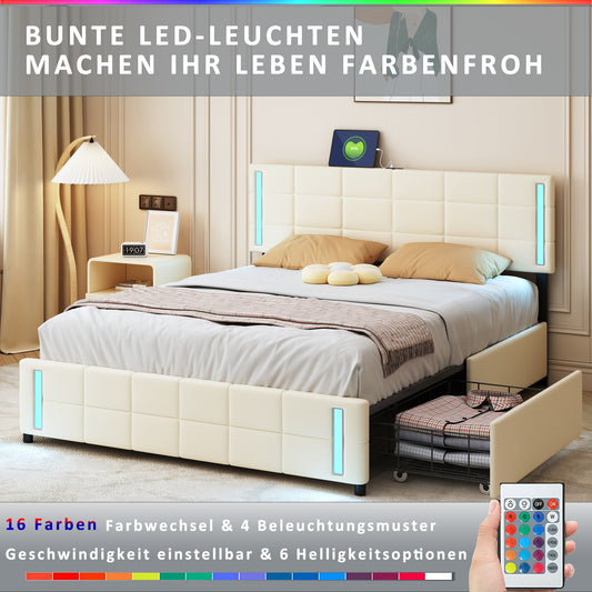 Polsterbett 140*200cm mit LED-Lichtsteckdose 4 Schubladen hautfreundliches Leinen gepolstert flaches Einzelbett Kinderbett Jugendbett Gästebett Beige