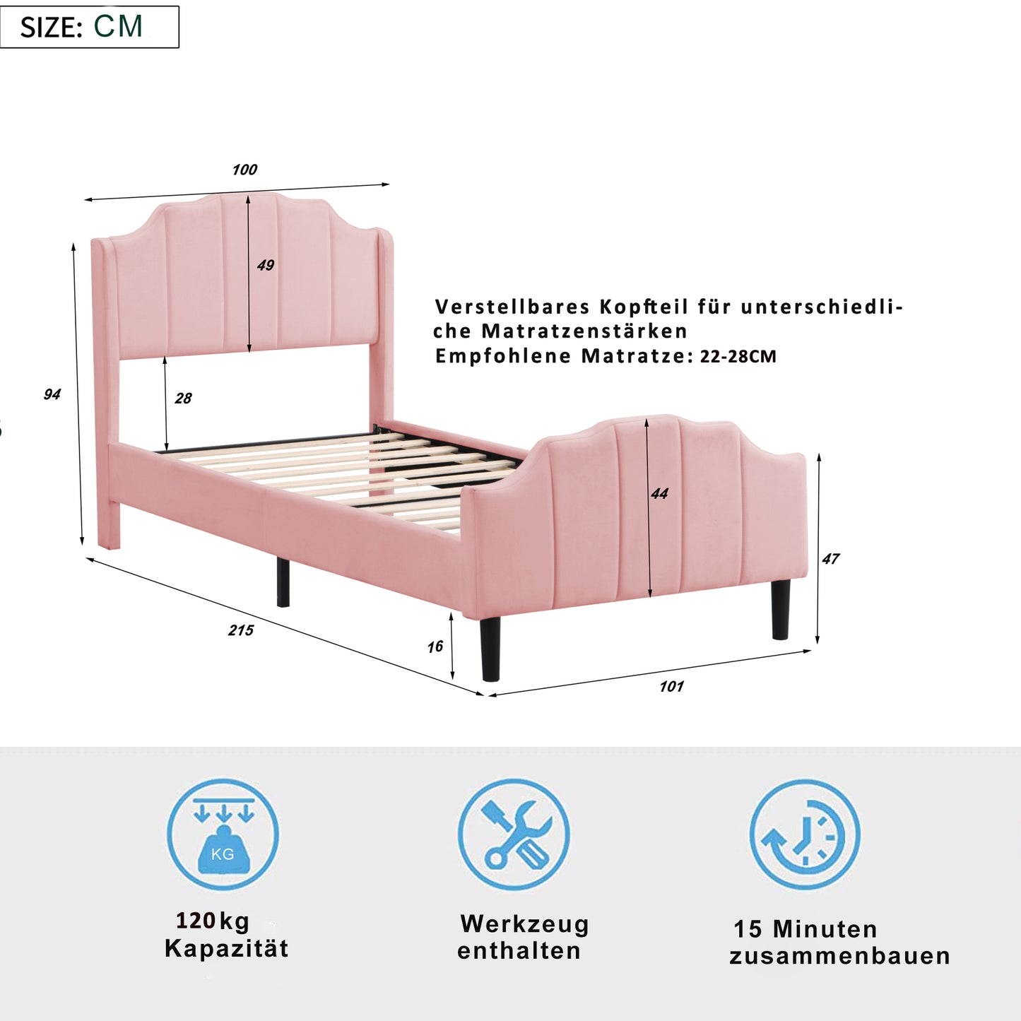 Polsterbett 90 x 200 cm Kinderbett Bettrahmen mit Kopfteil, Fußteil und Lattenrost Rosa Samt gepolstertes Doppelbett Jugendbett Gästebett