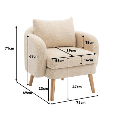 Moderner, schlichter Teddy-Samt-Sessel mit Kissen, extra dicker Kissen-Sessel, einzelner Sofa-Sessel, gepolsterter Sessel, Freizeit-Stuhl, Massivholz-Beinstuhl