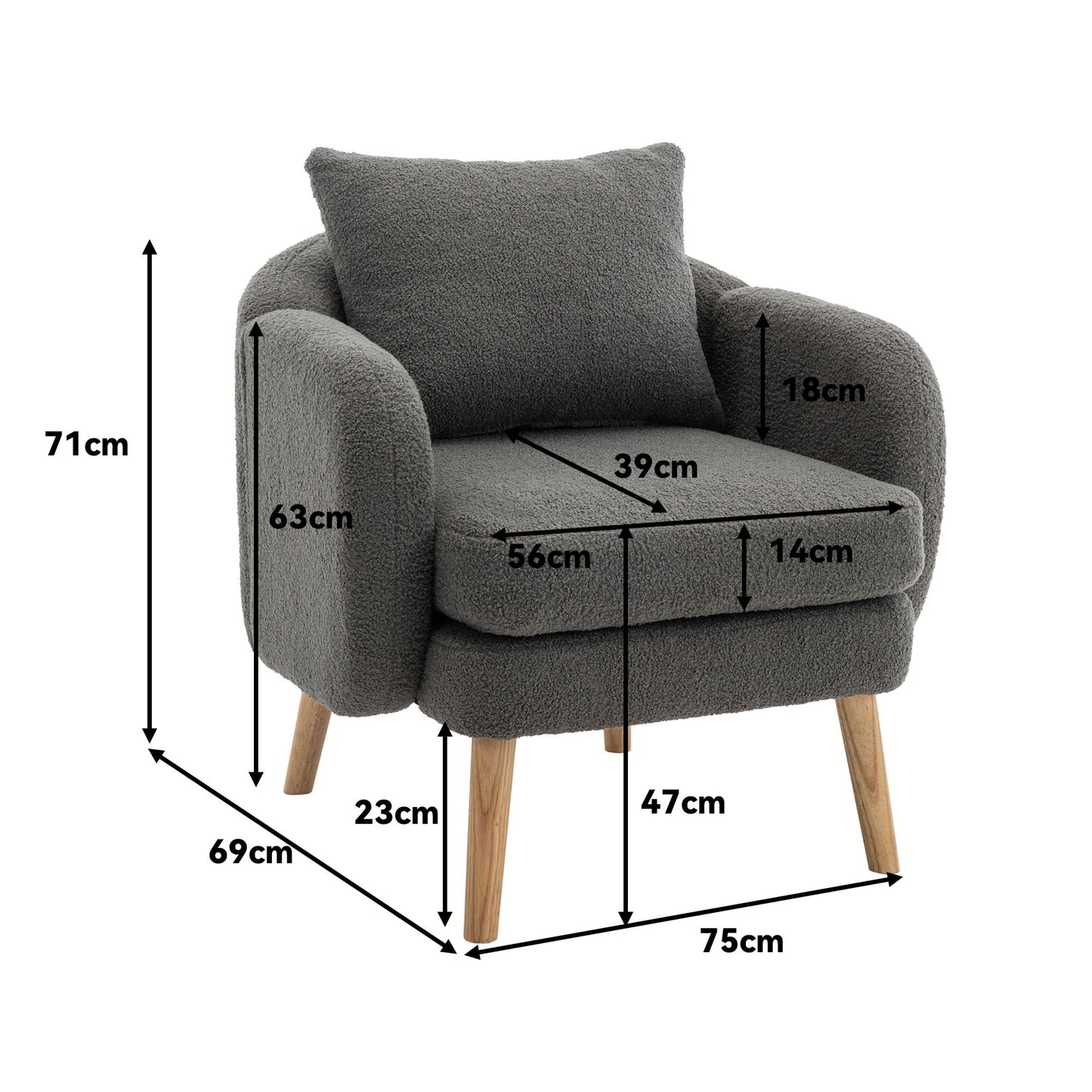 Moderner, schlichter Teddy-Samt-Sessel mit Kissen, extra dicker Kissen-Sessel, einzelner Sofa-Sessel, gepolsterter Sessel, Freizeit-Stuhl, Massivholz-Beinstuhl