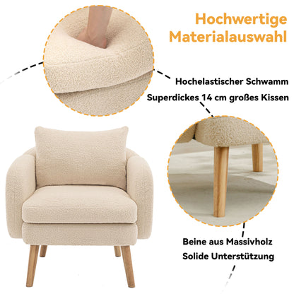 Moderner, schlichter Teddy-Samt-Sessel mit Kissen, extra dicker Kissen-Sessel, einzelner Sofa-Sessel, gepolsterter Sessel, Freizeit-Stuhl, Massivholz-Beinstuhl