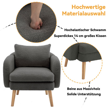 Moderner, schlichter Teddy-Samt-Sessel mit Kissen, extra dicker Kissen-Sessel, einzelner Sofa-Sessel, gepolsterter Sessel, Freizeit-Stuhl, Massivholz-Beinstuhl