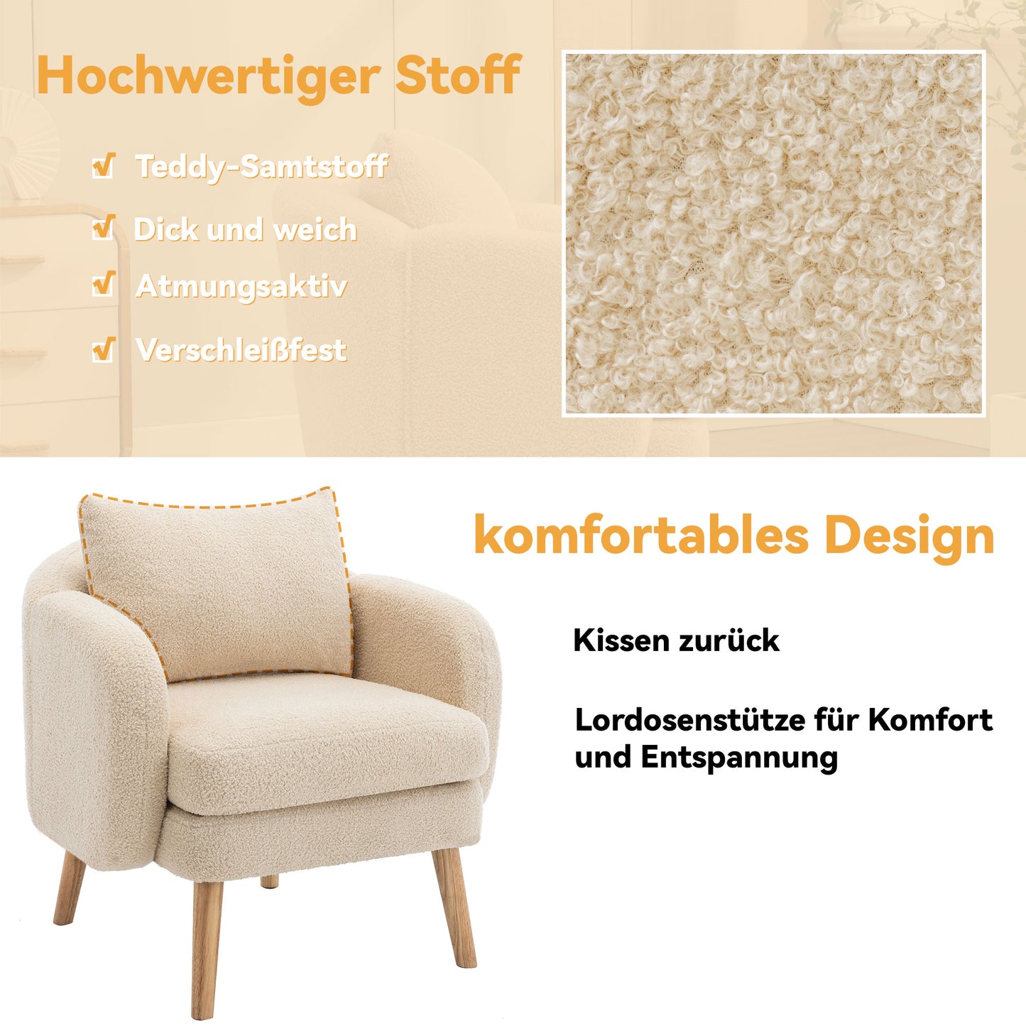 Moderner, schlichter Teddy-Samt-Sessel mit Kissen, extra dicker Kissen-Sessel, einzelner Sofa-Sessel, gepolsterter Sessel, Freizeit-Stuhl, Massivholz-Beinstuhl