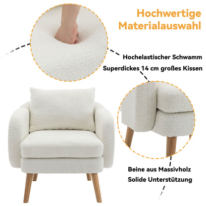 Moderner, schlichter Teddy-Samt-Sessel mit Kissen, extra dicker Kissen-Sessel, einzelner Sofa-Sessel, gepolsterter Sessel, Freizeit-Stuhl, Massivholz-Beinstuhl