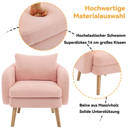 Moderner, schlichter Teddy-Samt-Sessel mit Kissen, extra dicker Kissen-Sessel, einzelner Sofa-Sessel, gepolsterter Sessel, Freizeit-Stuhl, Massivholz-Beinstuhl