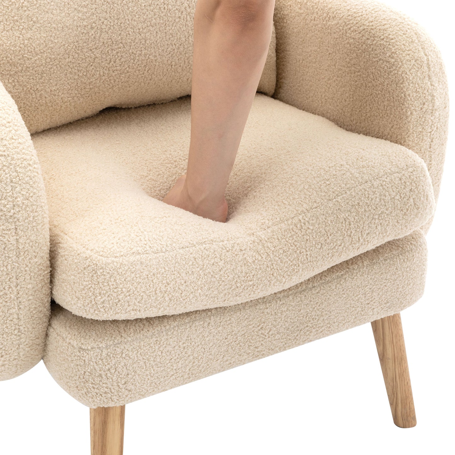 Moderner, schlichter Teddy-Samt-Sessel mit Kissen, extra dicker Kissen-Sessel, einzelner Sofa-Sessel, gepolsterter Sessel, Freizeit-Stuhl, Massivholz-Beinstuhl