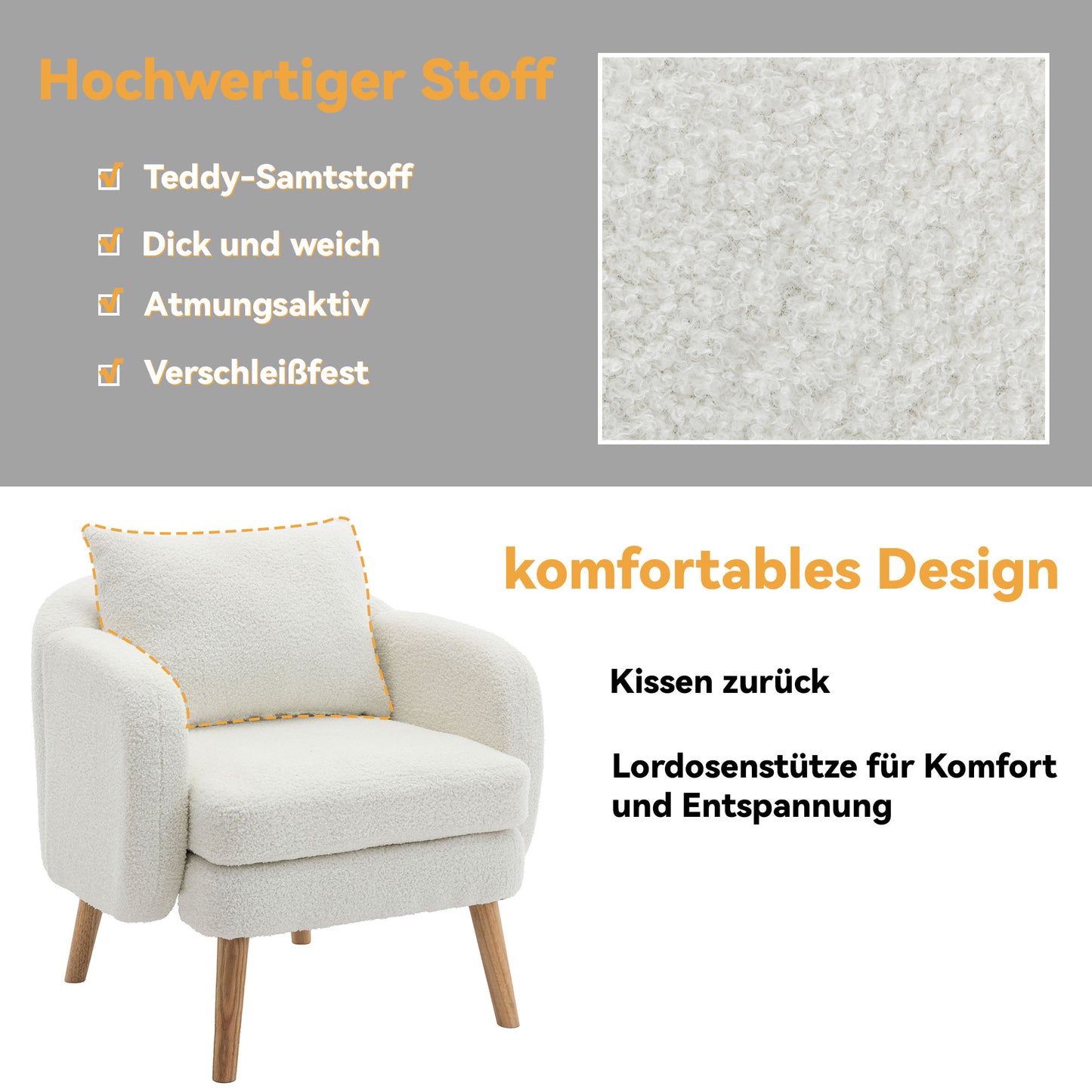 Moderner, schlichter Teddy-Samt-Sessel mit Kissen, extra dicker Kissen-Sessel, einzelner Sofa-Sessel, gepolsterter Sessel, Freizeit-Stuhl, Massivholz-Beinstuhl