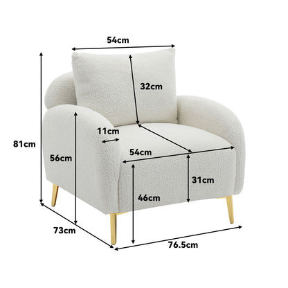 Moderner, schlichter Teddy-Samtsessel, Freizeitsessel mit Kissenkissen, einzelner Sofastuhl, gepolsterter Sessel, Freizeitstuhl, goldener Metallbeinstuhl