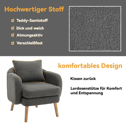 Moderner, schlichter Teddy-Samt-Sessel mit Kissen, extra dicker Kissen-Sessel, einzelner Sofa-Sessel, gepolsterter Sessel, Freizeit-Stuhl, Massivholz-Beinstuhl