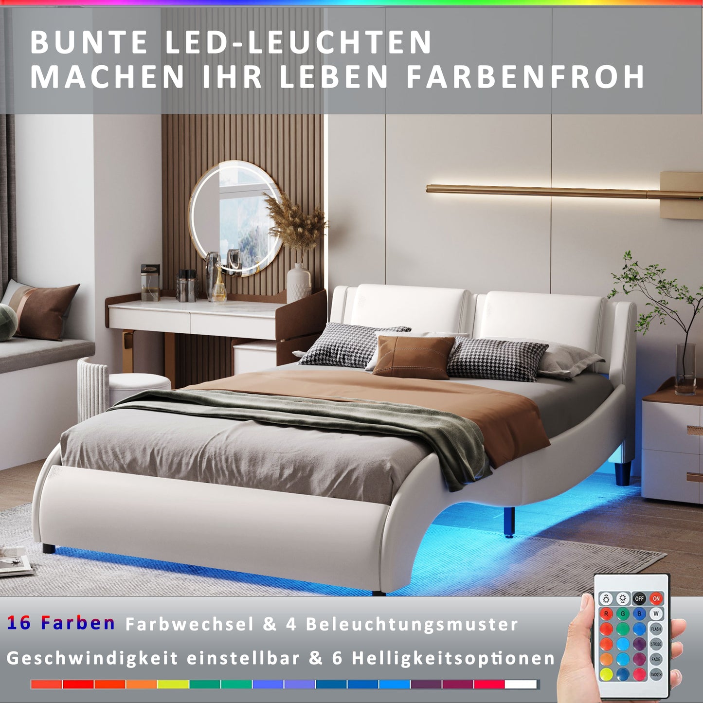 Polsterbett 140*200cm Kunstlederbett mit LED-Lichtbettgestell mit Lattenrosten Schwarz