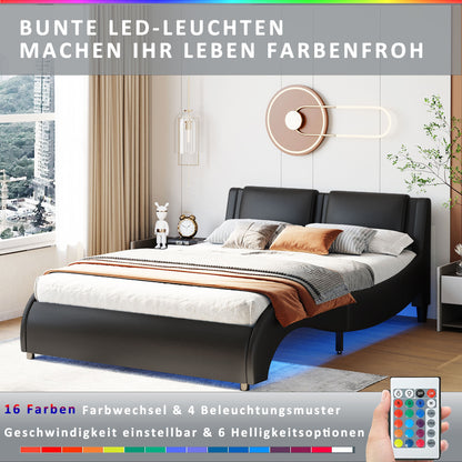 Polsterbett 140*200cm Kunstlederbett mit LED-Lichtbettgestell mit Lattenrosten Schwarz