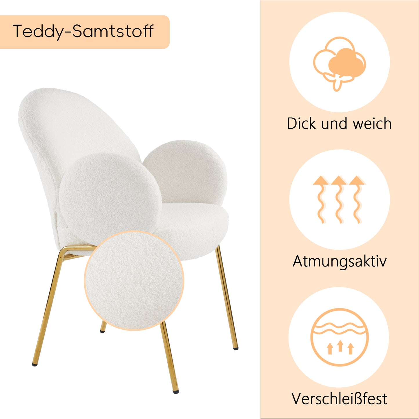 Teddy-Samt-Freizeitstuhl, Sessel, einzelner Sofastuhl, Restaurant-Esszimmerstuhl, Stuhl mit rosafarbenen Metallbeinen