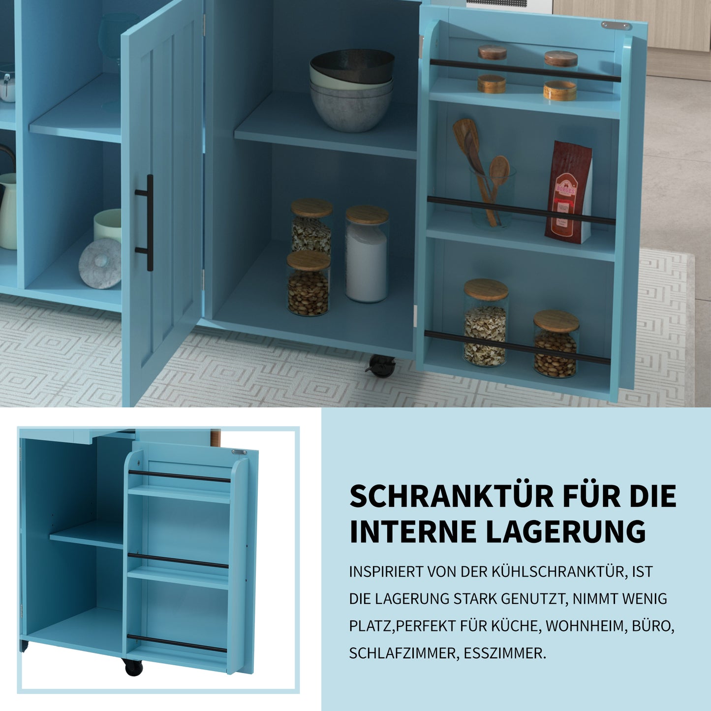 129*76*91,5 cm Speisewagen / Anrichte mit klappbarer Tischplatte, Einlegeböden in den Türen, Kücheninsel auf 5 Rollen mit Ablage und 2 Schubladen, für Esszimmer, weiß + blau