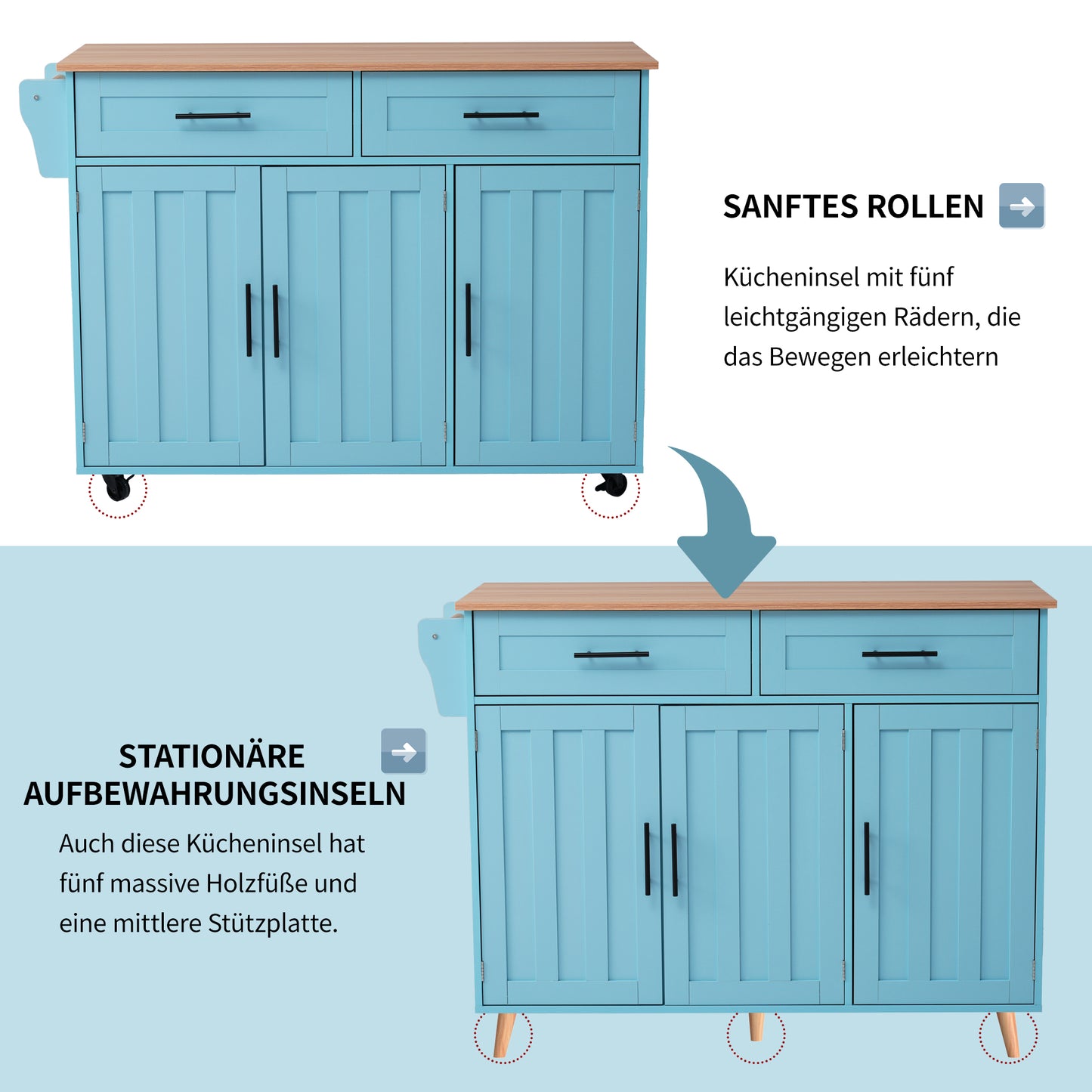 129*76*91,5 cm Speisewagen / Anrichte mit klappbarer Tischplatte, Einlegeböden in den Türen, Kücheninsel auf 5 Rollen mit Ablage und 2 Schubladen, für Esszimmer, weiß + blau