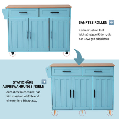 129*76*91,5 cm Speisewagen / Anrichte mit klappbarer Tischplatte, Einlegeböden in den Türen, Kücheninsel auf 5 Rollen mit Ablage und 2 Schubladen, für Esszimmer, weiß + blau