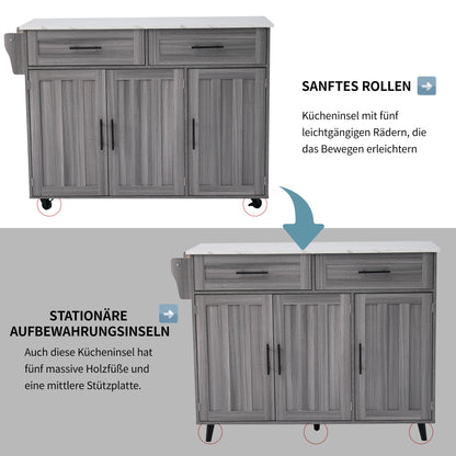 129*76*91,5 cm Speisewagen / Anrichte mit klappbarer Tischplatte, Einlegeböden in den Türen, Kücheninsel auf 5 Rollen mit Ablage und 2 Schubladen, für Esszimmer, weiß + blau