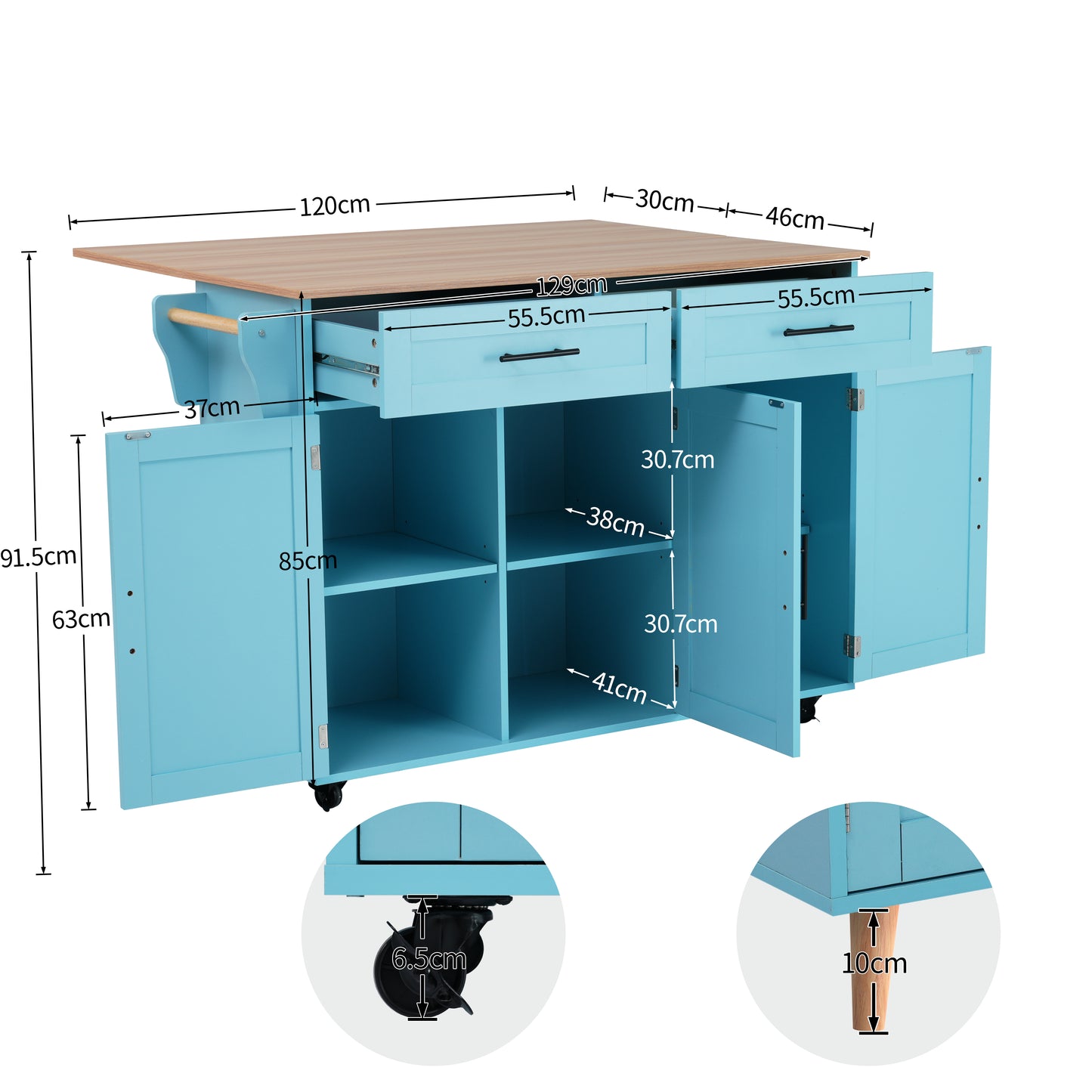 129*76*91,5 cm Speisewagen / Anrichte mit klappbarer Tischplatte, Einlegeböden in den Türen, Kücheninsel auf 5 Rollen mit Ablage und 2 Schubladen, für Esszimmer, weiß + blau