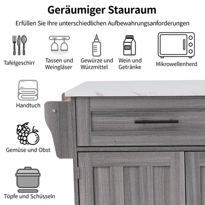 129*76*91,5 cm Speisewagen / Anrichte mit klappbarer Tischplatte, Einlegeböden in den Türen, Kücheninsel auf 5 Rollen mit Ablage und 2 Schubladen, für Esszimmer, weiß + blau