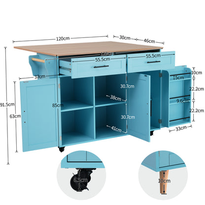 129*76*91,5 cm Speisewagen / Anrichte mit klappbarer Tischplatte, Einlegeböden in den Türen, Kücheninsel auf 5 Rollen mit Ablage und 2 Schubladen, für Esszimmer, weiß + blau