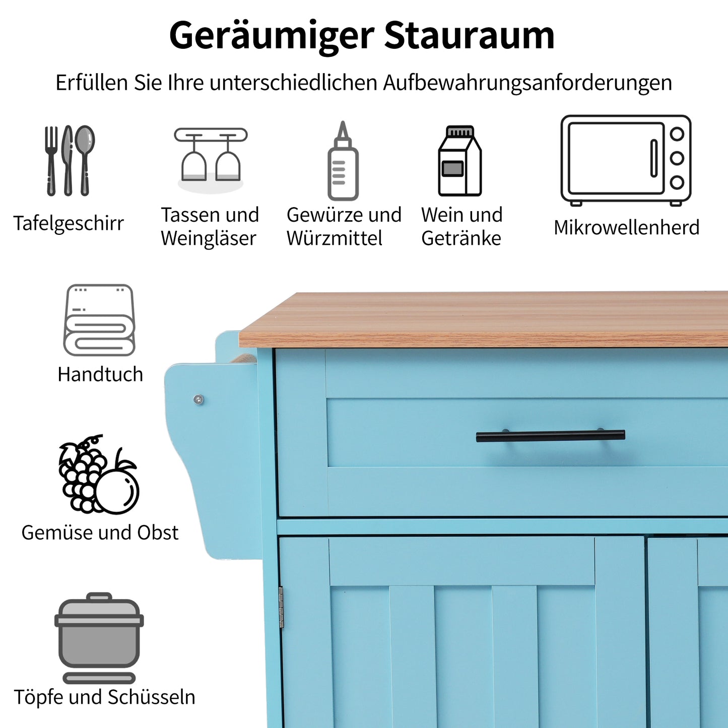 129*76*91,5 cm Speisewagen / Anrichte mit klappbarer Tischplatte, Einlegeböden in den Türen, Kücheninsel auf 5 Rollen mit Ablage und 2 Schubladen, für Esszimmer, weiß + blau