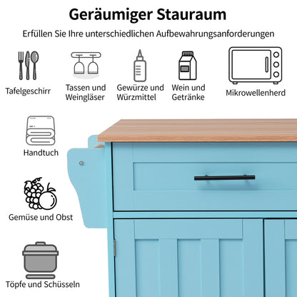 129*76*91,5 cm Speisewagen / Anrichte mit klappbarer Tischplatte, Einlegeböden in den Türen, Kücheninsel auf 5 Rollen mit Ablage und 2 Schubladen, für Esszimmer, weiß + blau