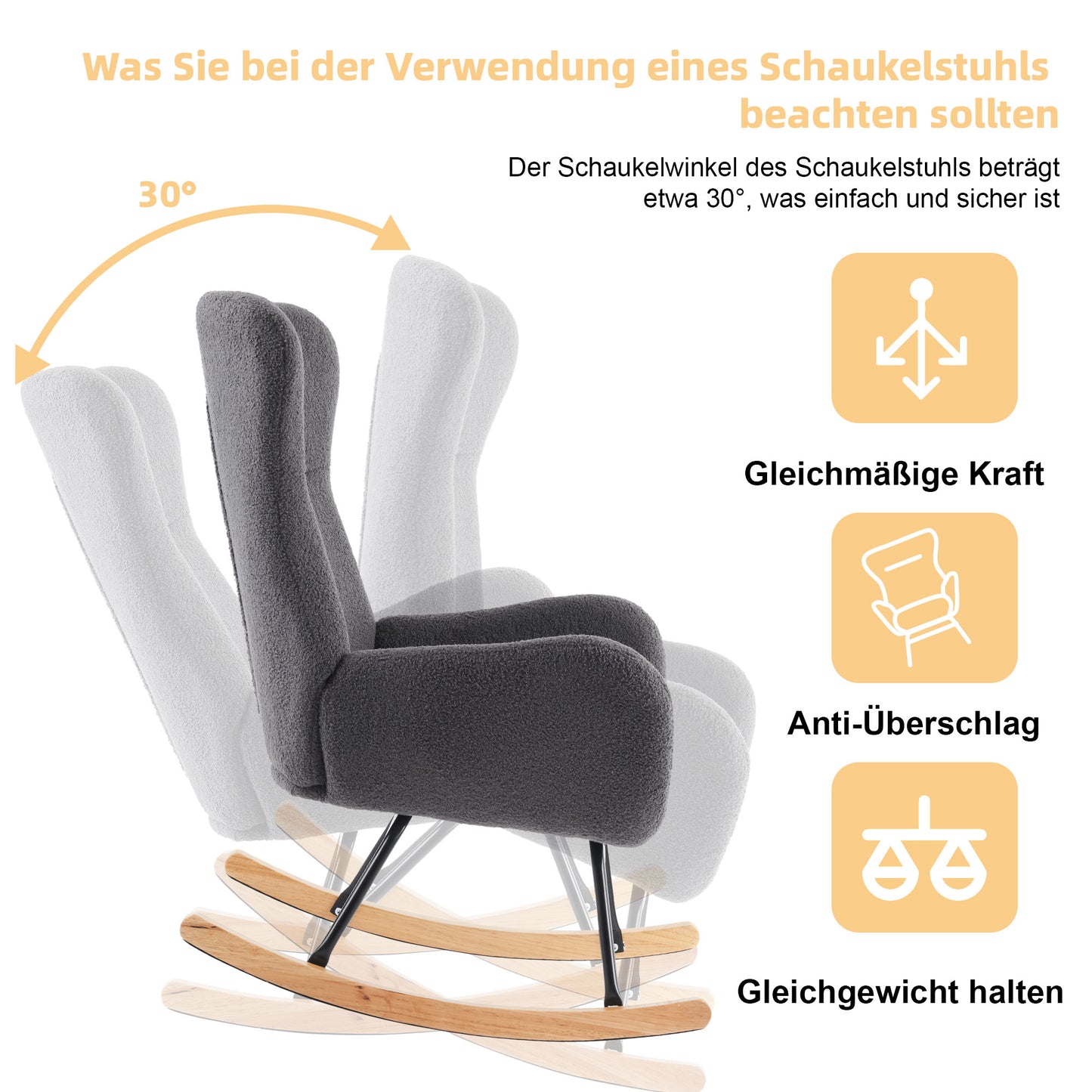 Wohnzimmer-Freizeitschaukelstuhl im modernen Stil mit hoher Rückenlehne, Teddy-Samt-Schaukelstuhl, Freizeitstuhl, Einzelsofastuhl, Mutterstuhl, Kinderzimmerstuhl