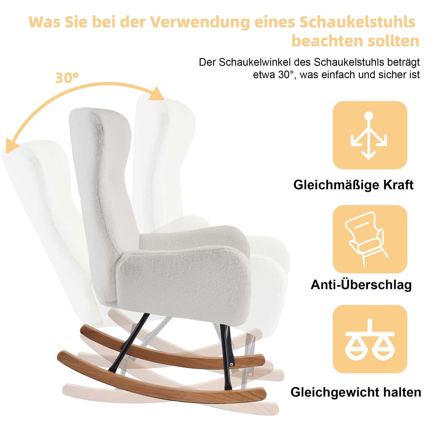 Wohnzimmer-Freizeitschaukelstuhl im modernen Stil mit hoher Rückenlehne, Teddy-Samt-Schaukelstuhl, Freizeitstuhl, Einzelsofastuhl, Mutterstuhl, Kinderzimmerstuhl