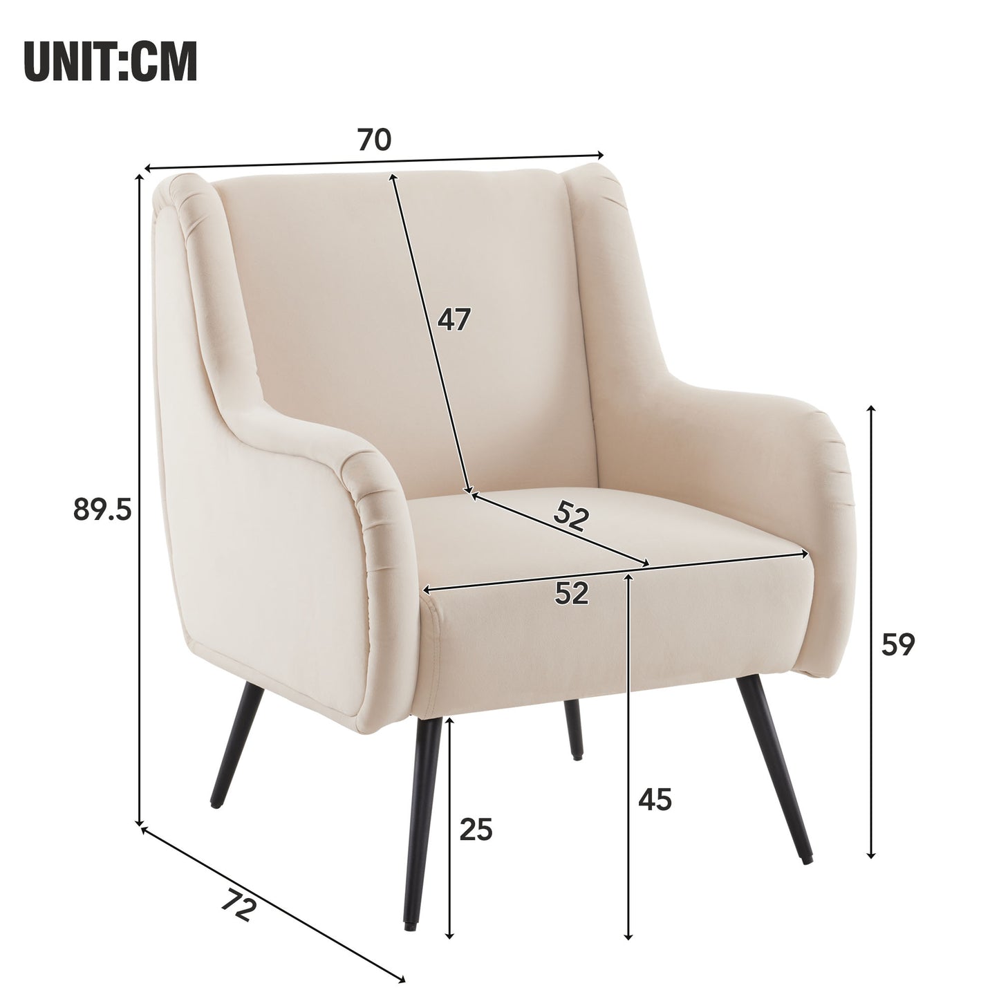 Wohnzimmer-Freizeitsessel im modernen Stil mit hoher Rückenlehne, Samtstuhl, Lesesessel, Freizeitstuhl, Einzelsofastuhl, Freizeitstuhl mit Metallbeinarmlehne