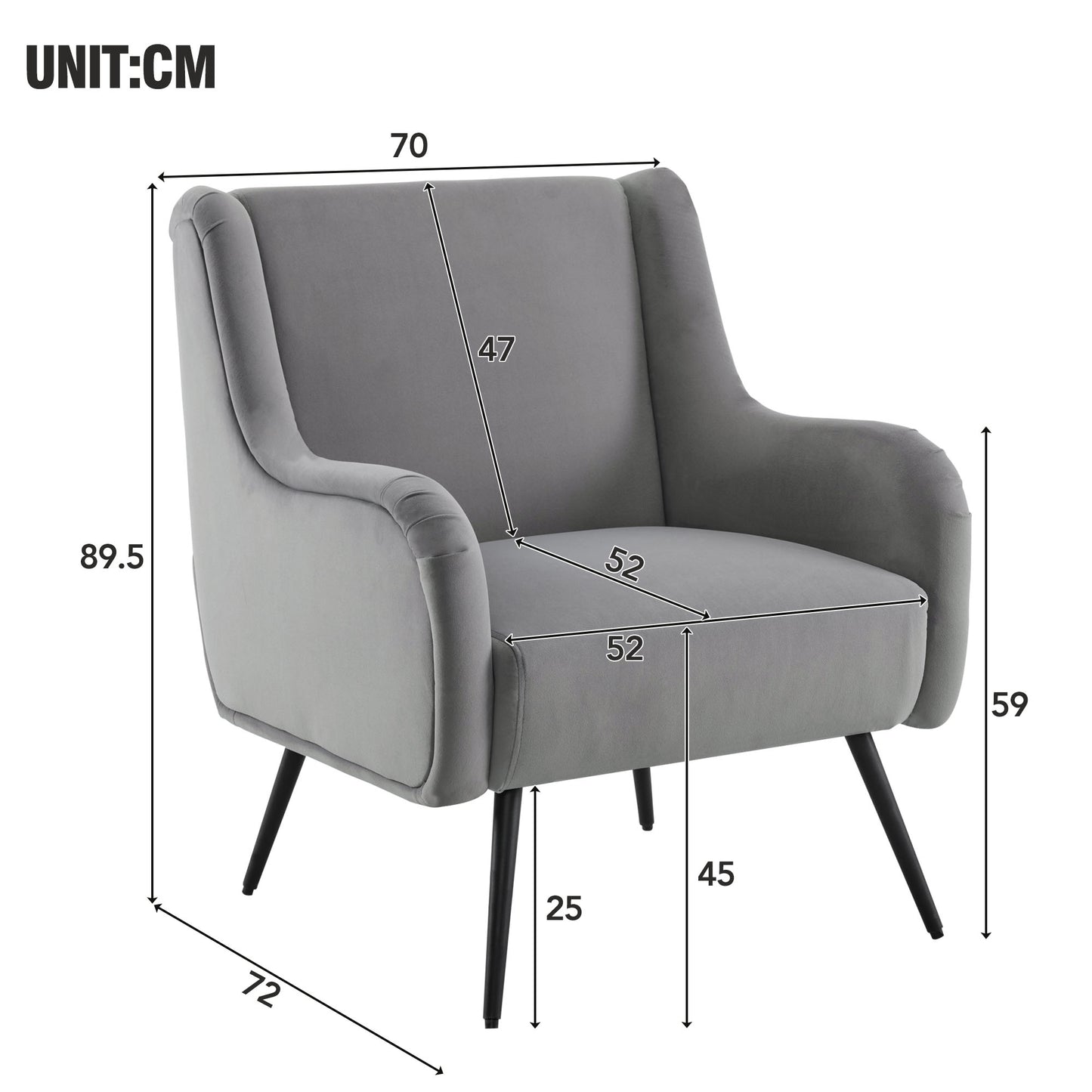 Wohnzimmer-Freizeitsessel im modernen Stil mit hoher Rückenlehne, Samtstuhl, Lesesessel, Freizeitstuhl, Einzelsofastuhl, Freizeitstuhl mit Metallbeinarmlehne