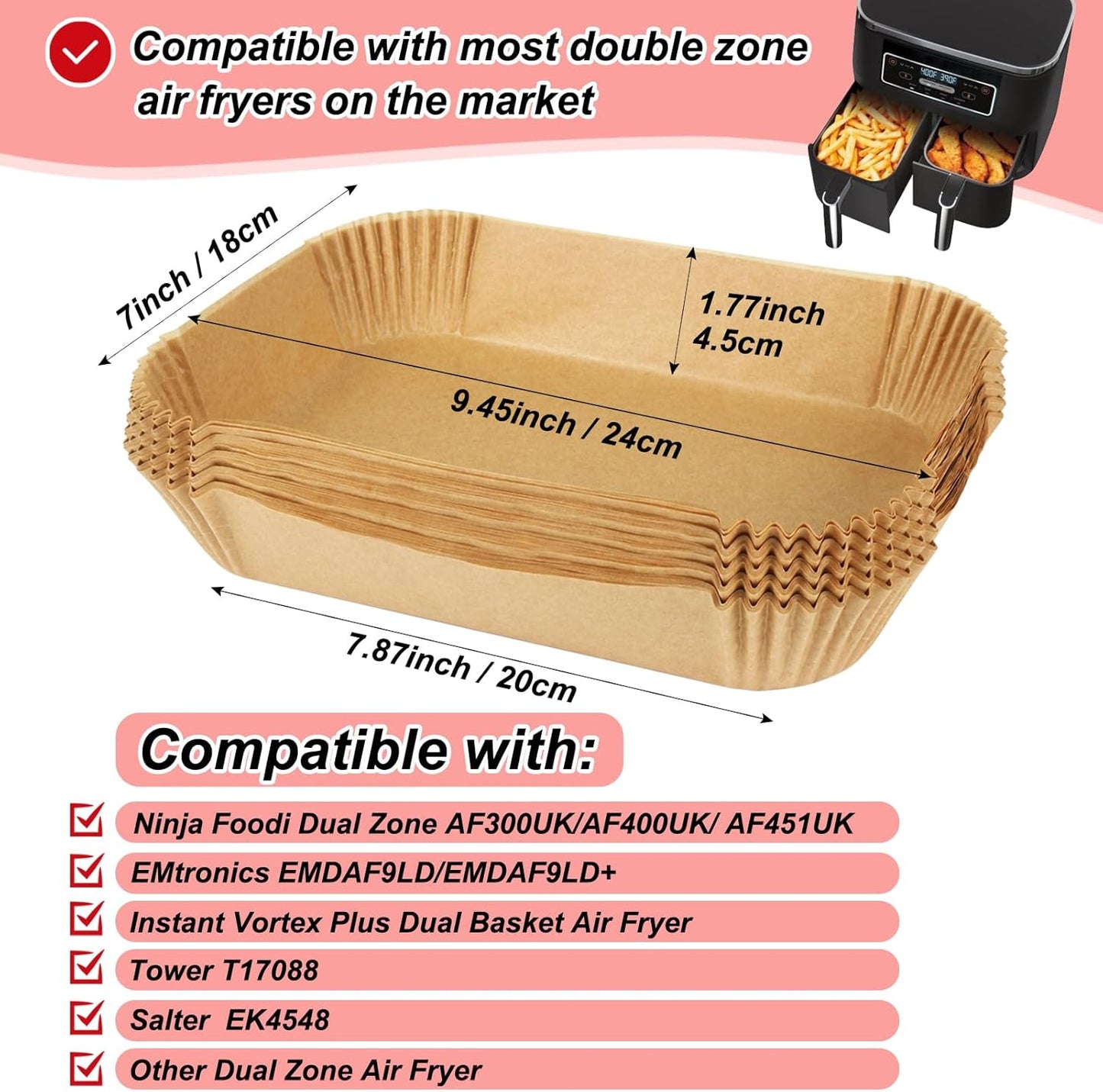 YM Internet 100pcs Air Fryer Liners for Ninja Dual, Air Fryer AF300UK AF400UK Accessories, Disposable Parchment Paper Liner, Compatible with Ninja, Salter, Tower and Other Dual Zone Air Fryer