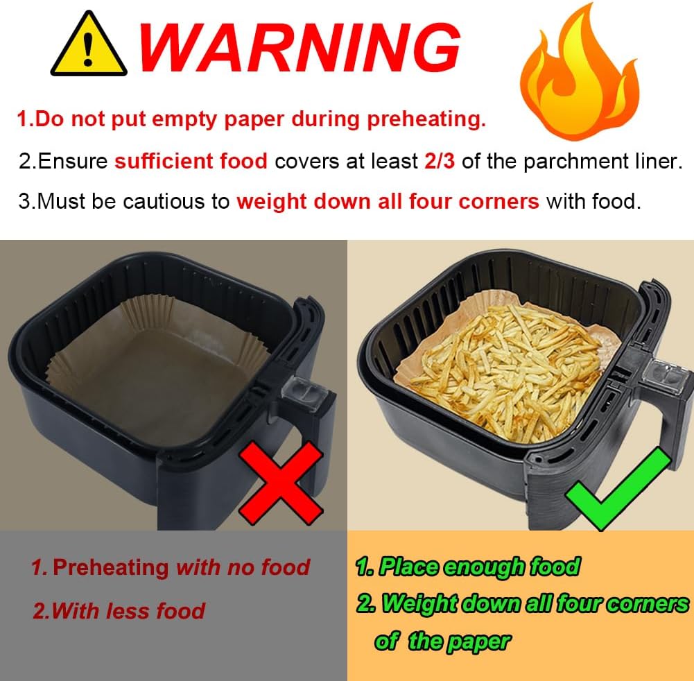 YM Internet Air Fryer Parchment Paper Liner, 100PCS Square Liners Disposable, Greaseproof for Fryer, Compatible with COSORI, Ninja, Tower Cosori