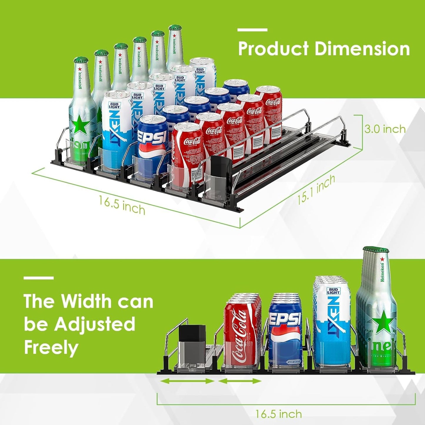 Agger Selbstschiebender Dosen Organizer Kühlschrank Organizer Dosenspender Kühlschrank, Automatischer Fridge Organizer mit Verstellbarer Breite für Getränke Bier Soda (Fasst 25 Dosen)