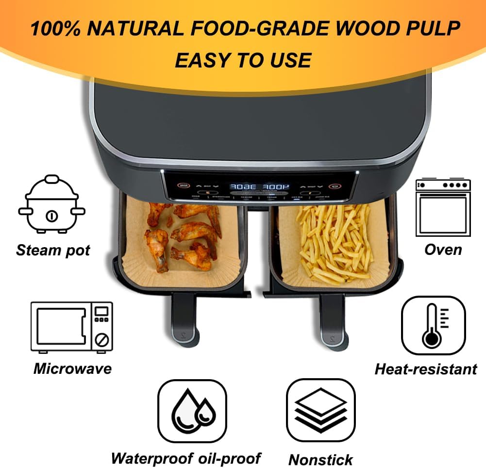 YM Internet 150PCS Air Fryer Liners for Ninja Dual/Tower, Air Fryer Accessories for AF300UK/AF400UK/Ninja Double Stack XL SL400UK, Parchment Paper for Ninja Foodi & other 9.5L Dual Zone Airfryer