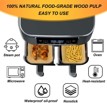 YM Internet 150PCS Air Fryer Liners for Ninja Dual/Tower, Air Fryer Accessories for AF300UK/AF400UK/Ninja Double Stack XL SL400UK, Parchment Paper for Ninja Foodi & other 9.5L Dual Zone Airfryer